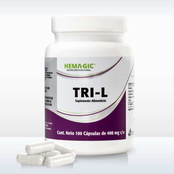 TRI-L de Hemagic, suplemento alimenticio de L-triptófano, frasco con 100 cápsulas