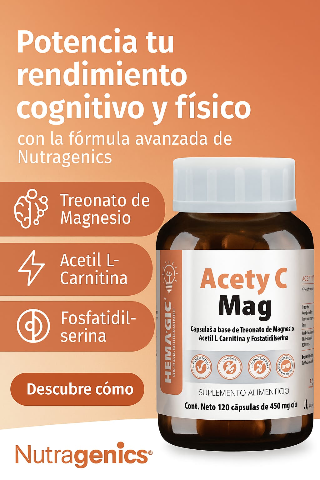 Suplemento para la mente y el cuerpo: Magnesio Treonato, L-Carnitina y Fosfatidilserina | Nutragenics