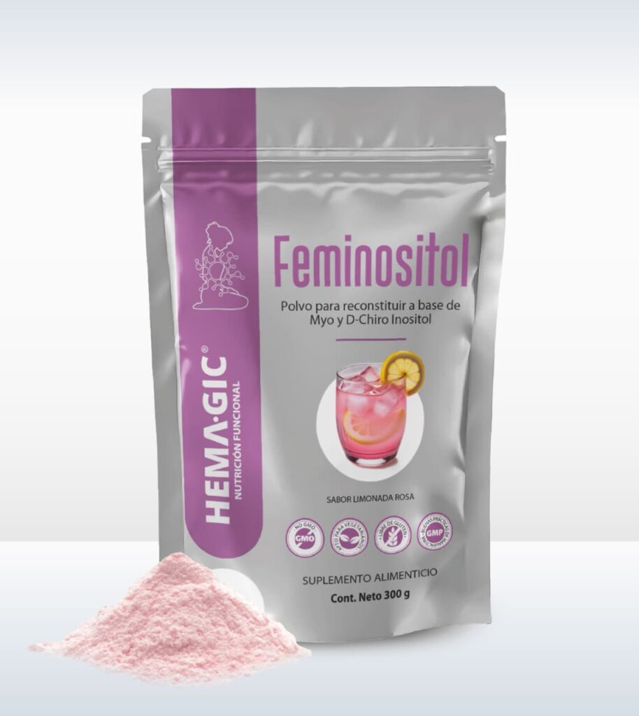 Suplemento Feminositol Hemagic con inositoles sabor limonada rosa para síndrome de ovario poliquístico